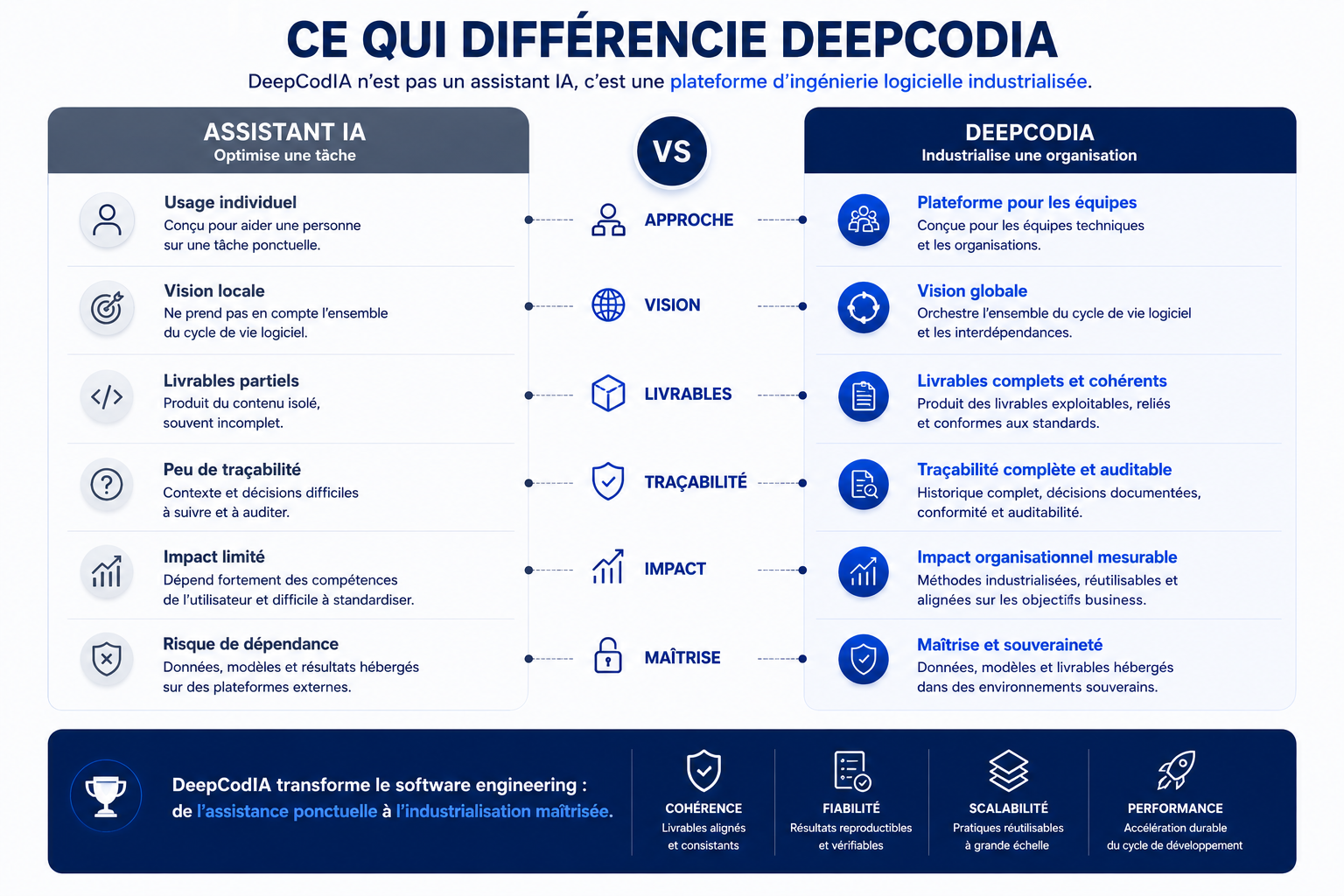 Comparatif entre un assistant IA classique et la plateforme DeepCodIA, mettant en évidence l'approche, la vision, les livrables, la traçabilité, l'impact et la maîtrise.